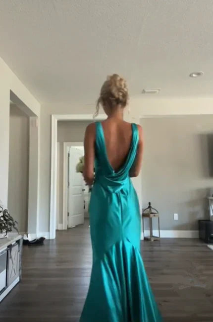 Weitese Dress Blue Elegant V Neck Long Satin Ball Gown Evening Dress Wedding Guest Party Dress Prom Dress